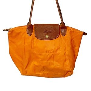 Longchamp Orange Nylon Le Pilage Tote Shoulder Bag Leather